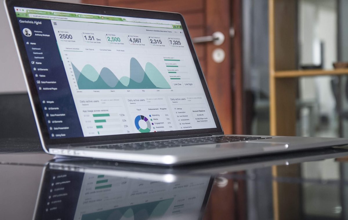 An analytics dashboard with charts open on a laptop